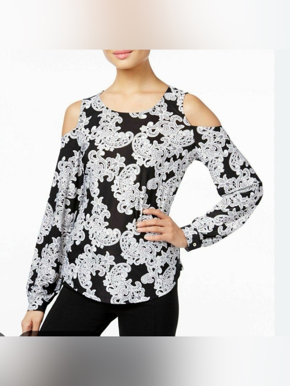 Black & White Lace Print Long Sleeve Cold Shoulder Top (INC)
